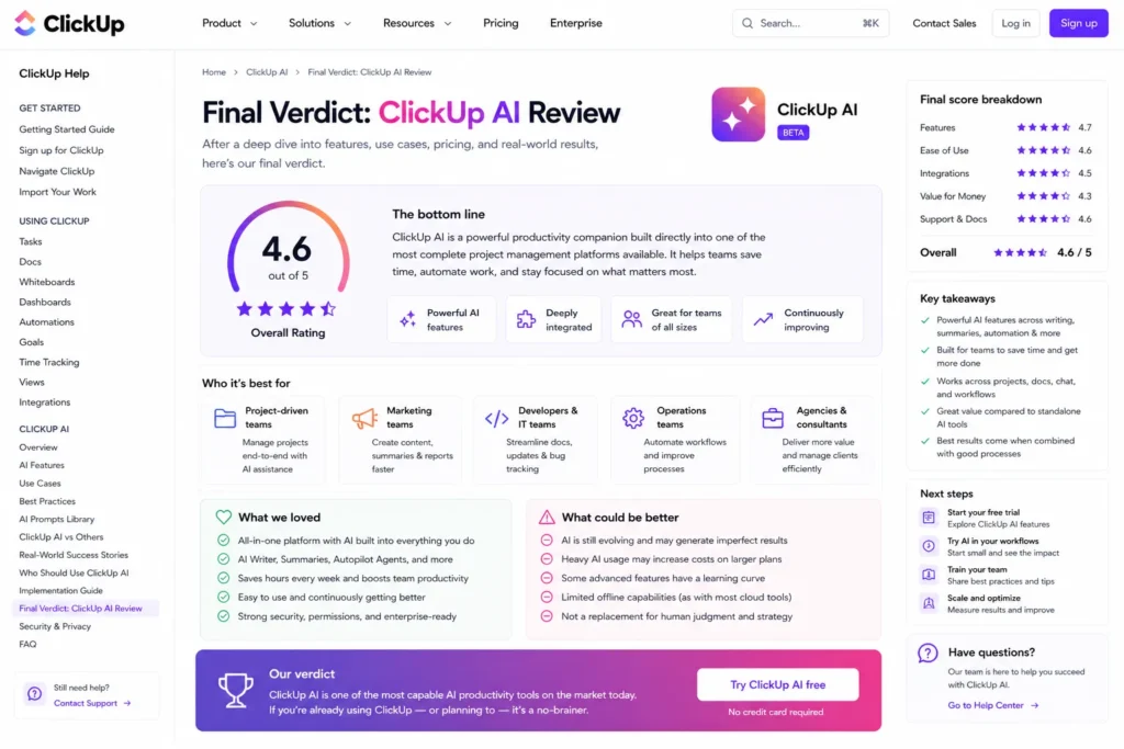 Final Verdict ClickUp AI Review image showing overall rating, key features, pros and cons, and productivity insights inside ClickUp interface with a happy satisfied user vibe