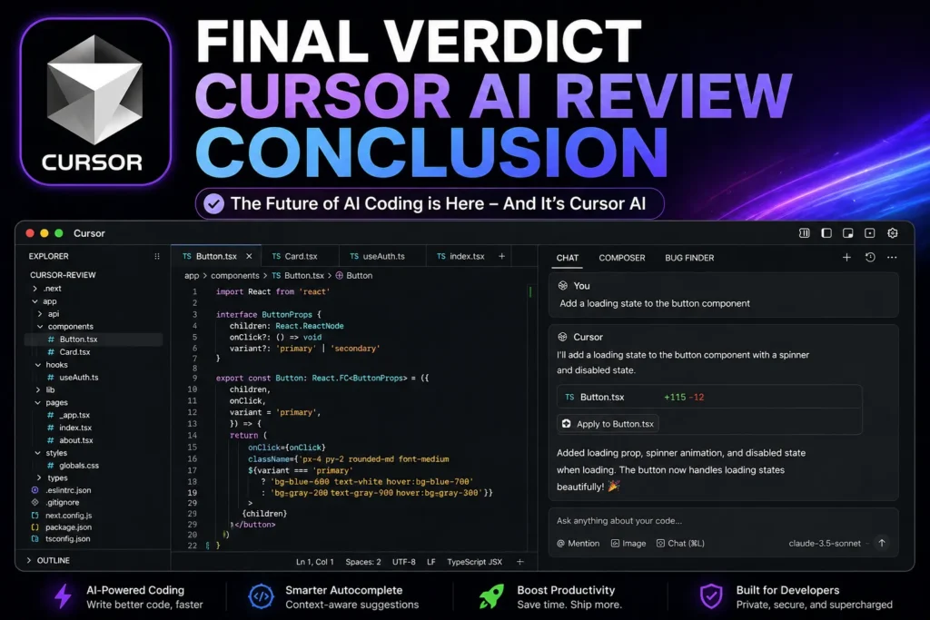 Final Verdict Cursor AI Review showing real Cursor AI interface with AI coding assistant, code editor, and Cursor logo with title text in a clean professional layout