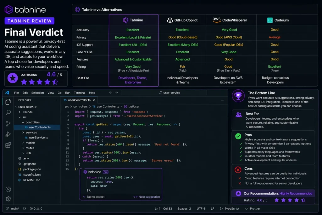 Final Verdict Tabnine image showing real IDE interface with AI coding assistant summary, comparison insights, rating, Tabnine logo, and recommendation for developers.