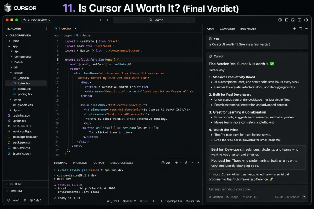 Final Verdict of Cursor AI showing real Cursor AI interface with AI assistant summarizing benefits, productivity gains, and overall value for developers