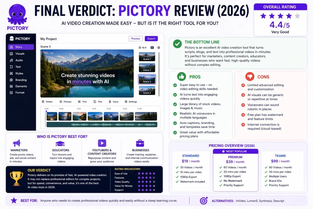 Final verdict of Pictory review 2026 showing AI video creation dashboard, pros and cons summary, pricing plans, and overall rating interface