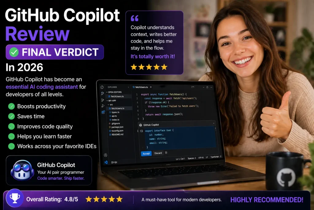 GitHub Copilot review conclusion image with happy satisfied woman using laptop showing real VS Code interface and AI code suggestions