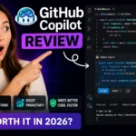 GitHub Copilot review featured image with surprised woman, real VS Code interface, and AI code suggestions displayed with Copilot logo
