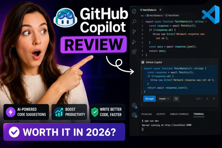 GitHub Copilot review featured image with surprised woman, real VS Code interface, and AI code suggestions displayed with Copilot logo