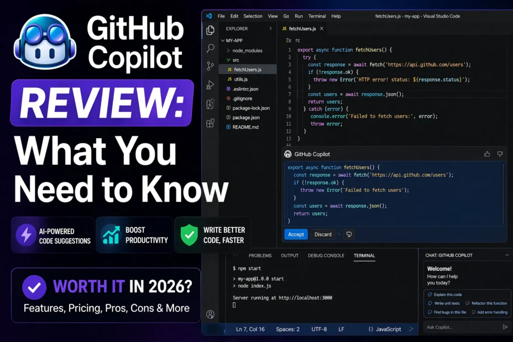 GitHub Copilot review what you need to know showing real VS Code interface with AI code suggestions and Copilot logo