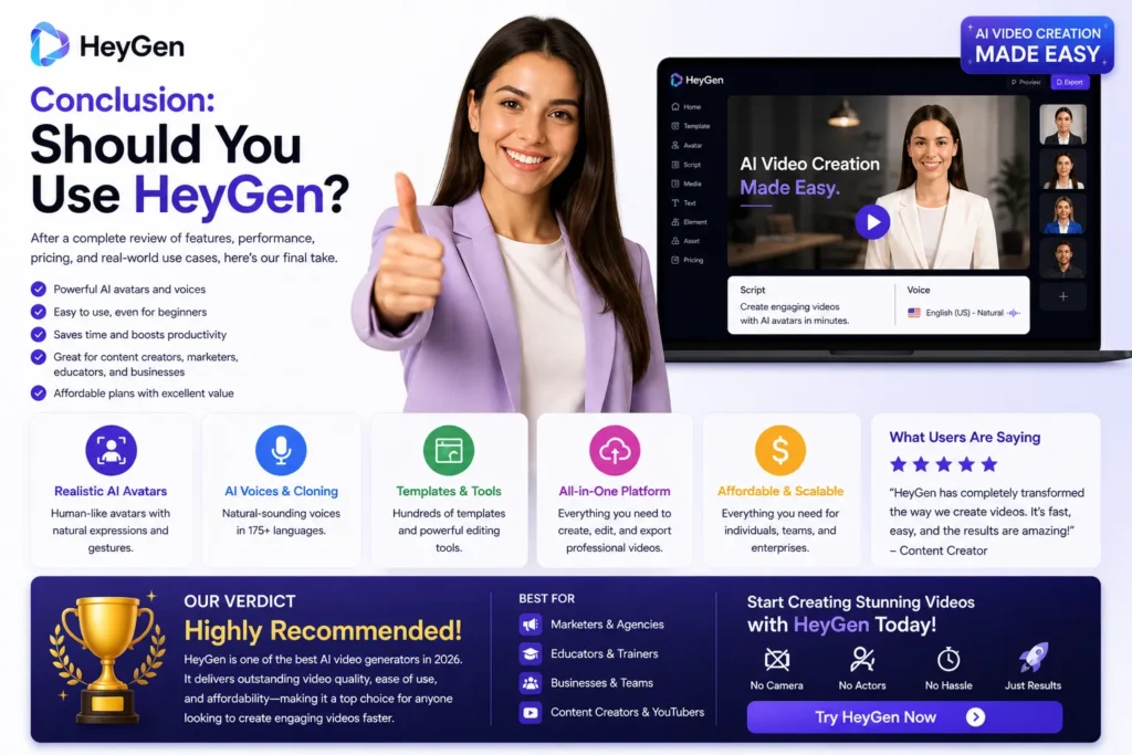 HeyGen conclusion image with happy satisfied woman and platform interface highlighting benefits, features, and final recommendation, featuring “Conclusion Should You Use HeyGen” and HeyGen logo