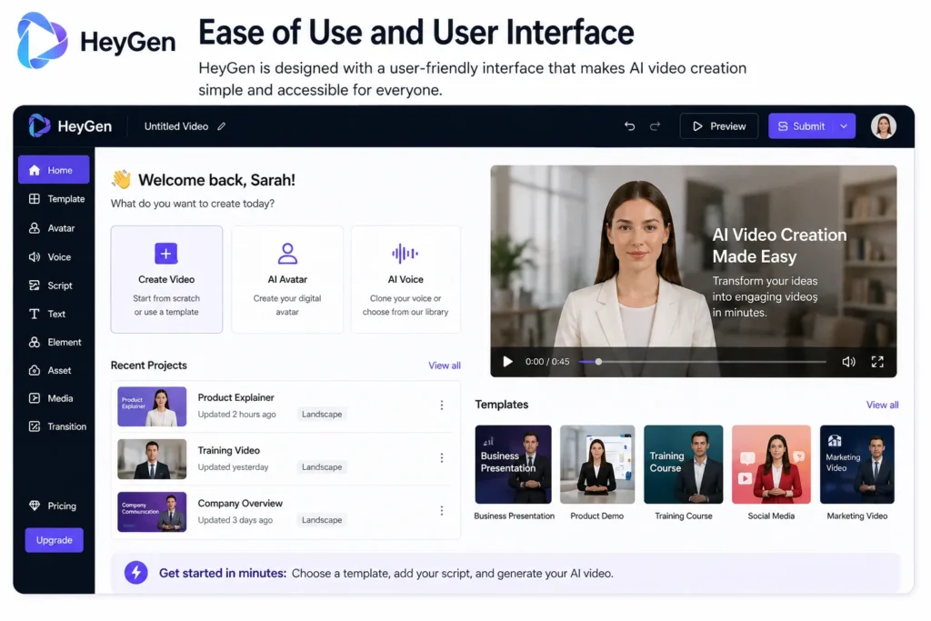 HeyGen dashboard interface showing user friendly layout with video creation options, templates, and project panel, featuring “Ease of Use and User Interface” and HeyGen logo