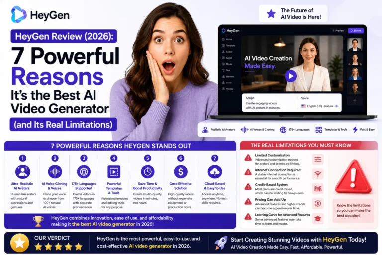 HeyGen featured image with surprised woman, interface preview, and “7 Powerful Reasons It’s the Best AI Video Generator (and Its Real Limitations)” with HeyGen logo
