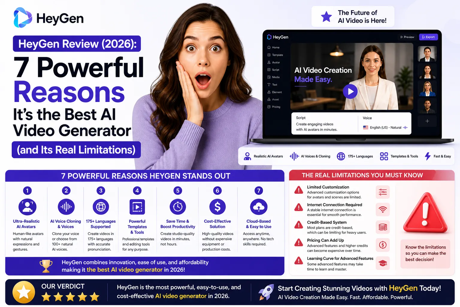 HeyGen featured image with surprised woman, interface preview, and “7 Powerful Reasons It’s the Best AI Video Generator (and Its Real Limitations)” with HeyGen logo