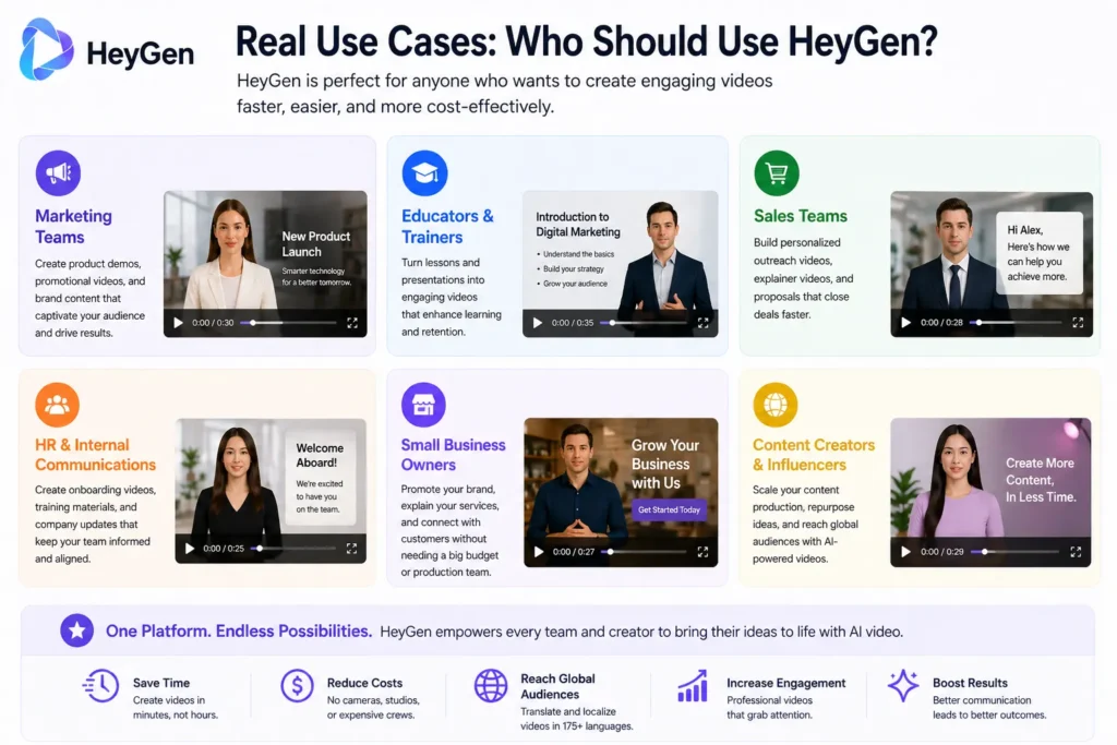 HeyGen interface showcasing real use cases including marketing, education, sales, HR, small business, and content creation, featuring “Real Use Cases Who Should Use HeyGen” and HeyGen logo