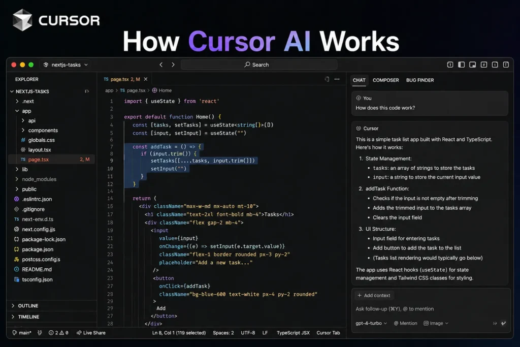 How Cursor AI Works showing real Cursor AI interface with AI chat explaining code and live coding editor in dark theme