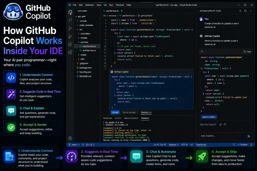 How GitHub Copilot works inside your IDE showing real VS Code interface with AI code suggestions, chat assistant, and workflow steps with Copilot logo