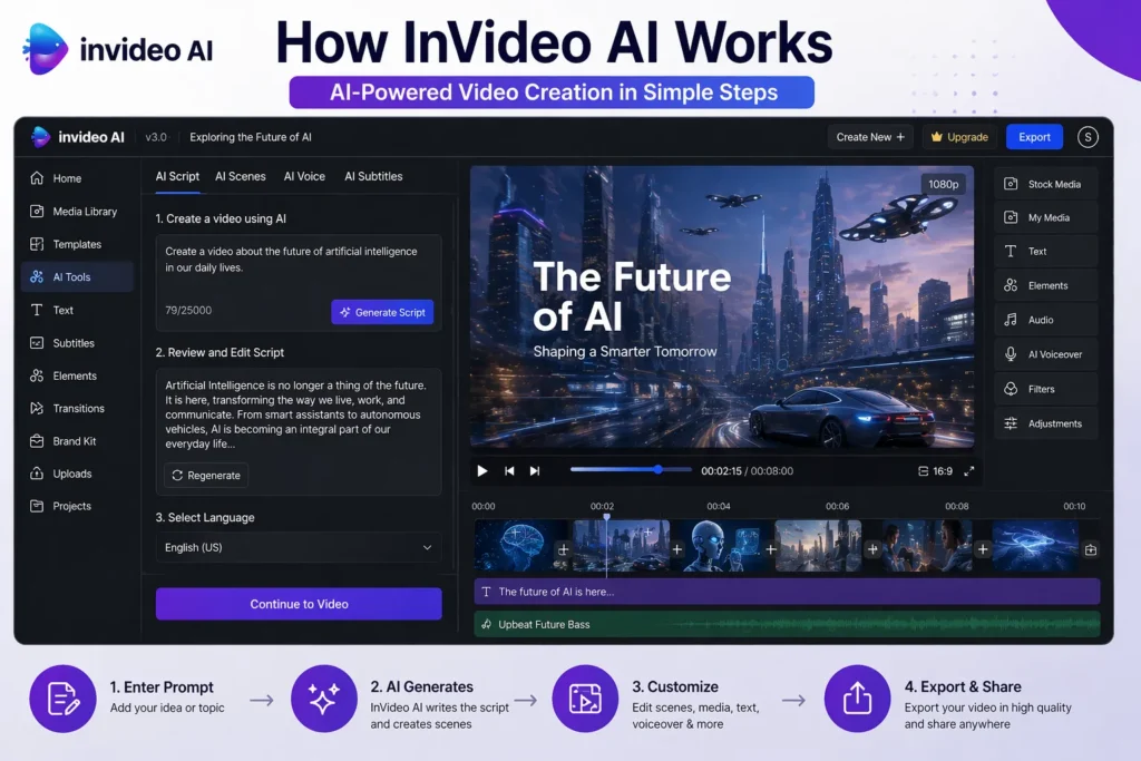 How InVideo AI works showing real InVideo AI interface with prompt input, script generation, timeline editing, and video creation workflow