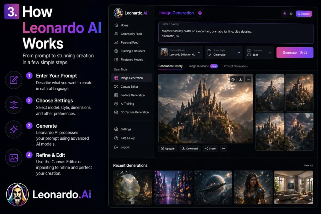 How Leonardo AI works showing real interface with prompt input image generation process steps and generated artwork results in dashboard