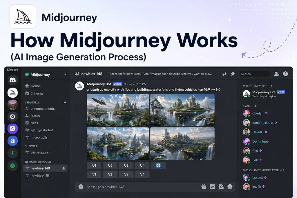 How Midjourney Works AI image generation process showing Discord interface with Midjourney bot creating images from prompts