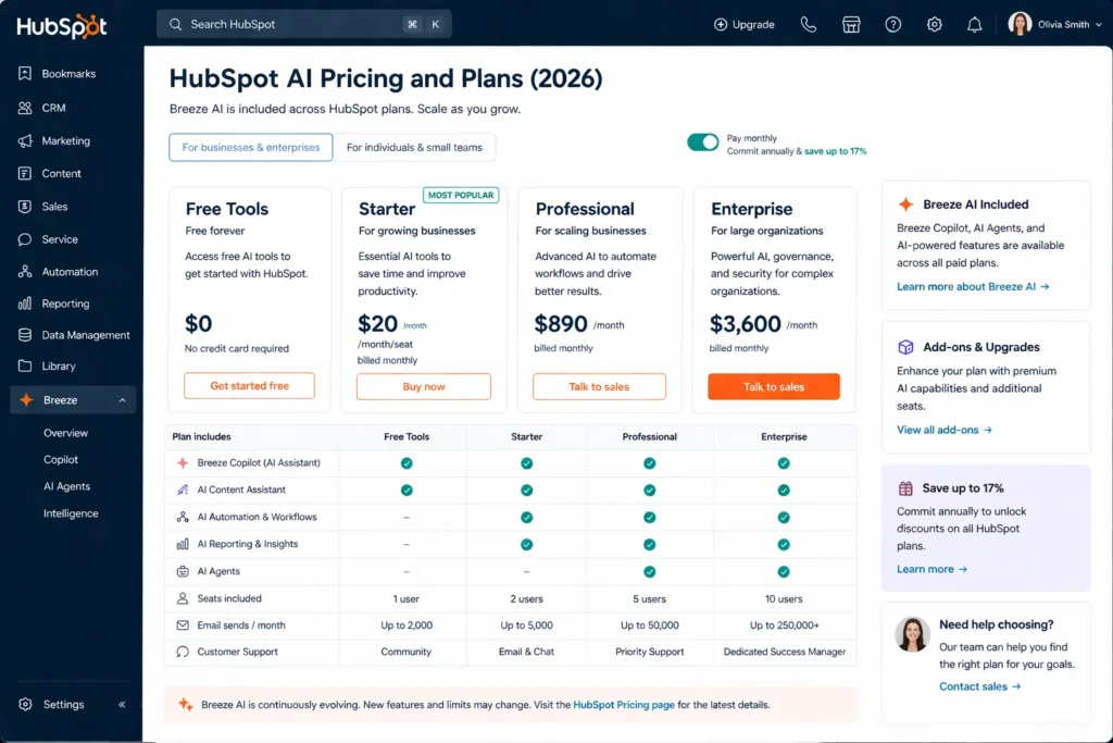 HubSpot AI pricing and plans 2026 showing free, starter, professional, and enterprise tiers with Breeze AI features inside real HubSpot interface