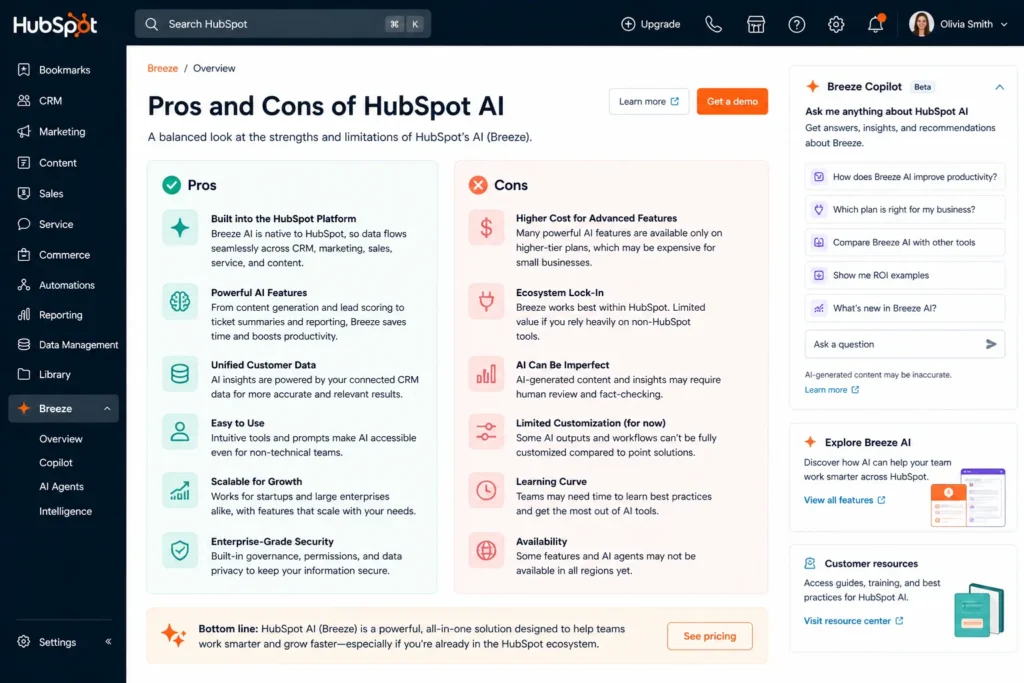 HubSpot AI pros and cons showing advantages like automation and insights alongside limitations like cost and customization inside real HubSpot interface