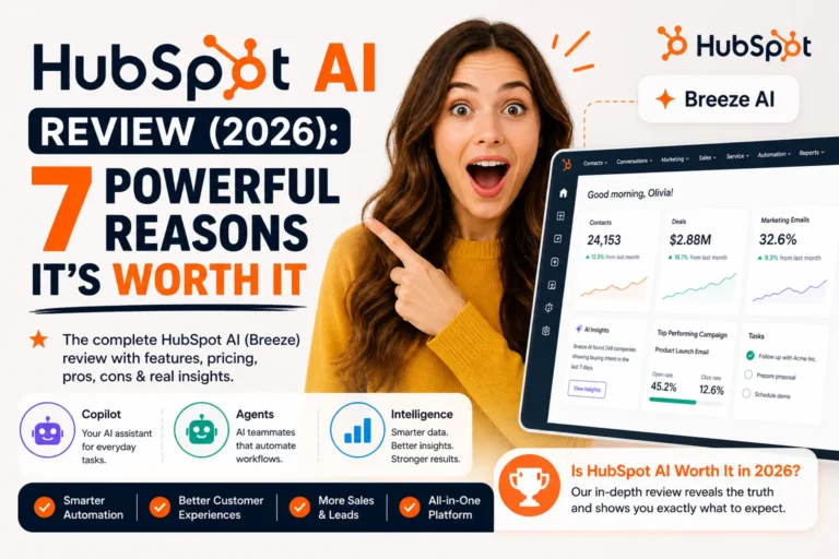 HubSpot AI review 2026 featuring surprised woman with HubSpot dashboard and highlighting 7 powerful reasons it’s worth it