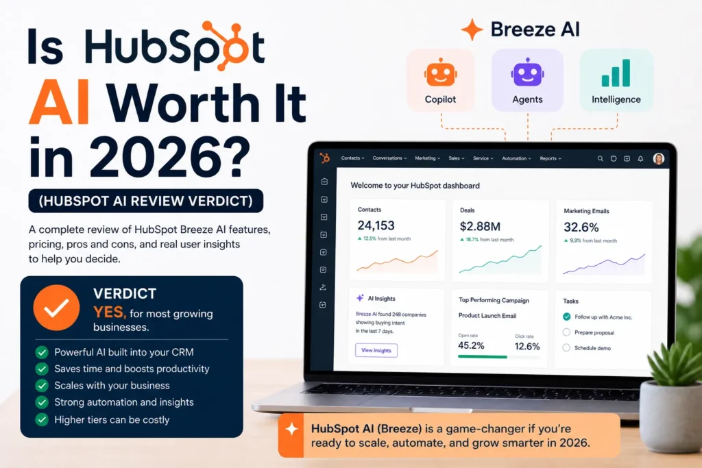 HubSpot AI review verdict 2026 showing Breeze AI features, CRM dashboard, and final decision on whether HubSpot AI is worth it