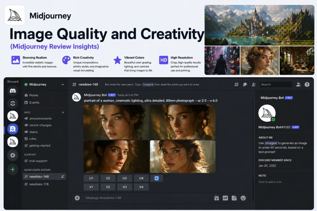 Image Quality and Creativity in Midjourney showing high resolution AI generated portraits and detailed visuals inside Discord interface