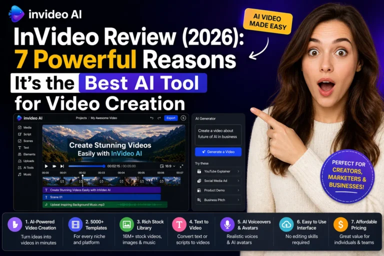 InVideo review 2026 featured image showing real InVideo AI interface with surprised woman and logo highlighting best AI tool for video creation