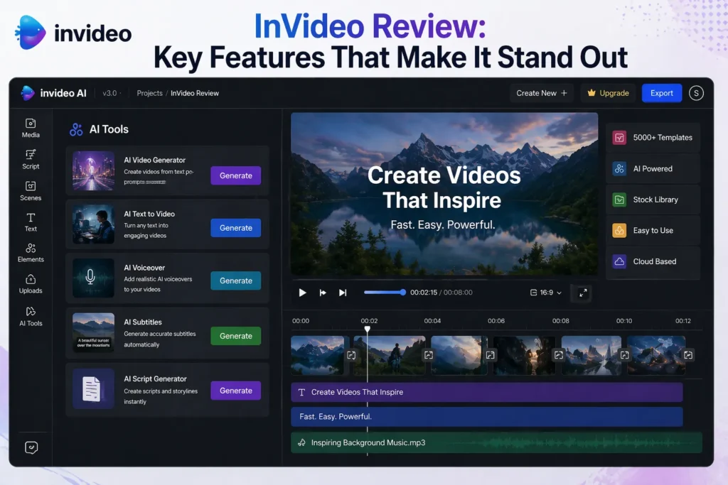 InVideo review key features showing real InVideo AI interface with video editor, AI tools panel, timeline, and video creation features