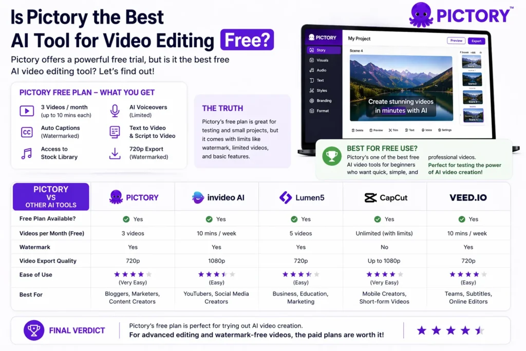Is Pictory the best AI tool for video editing free showing dashboard interface with free trial limitations, watermark preview, and video editor features