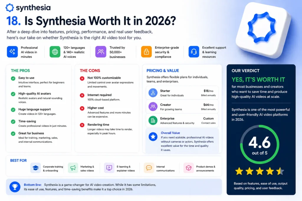 Is Synthesia worth it image showing real interface with pros, cons, pricing value, and overall verdict rating with headline “Is Synthesia Worth It in 2026”.