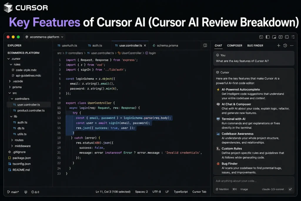 Key Features of Cursor AI showing real Cursor AI interface with AI autocomplete, chat assistant, and coding tools in a modern editor layout