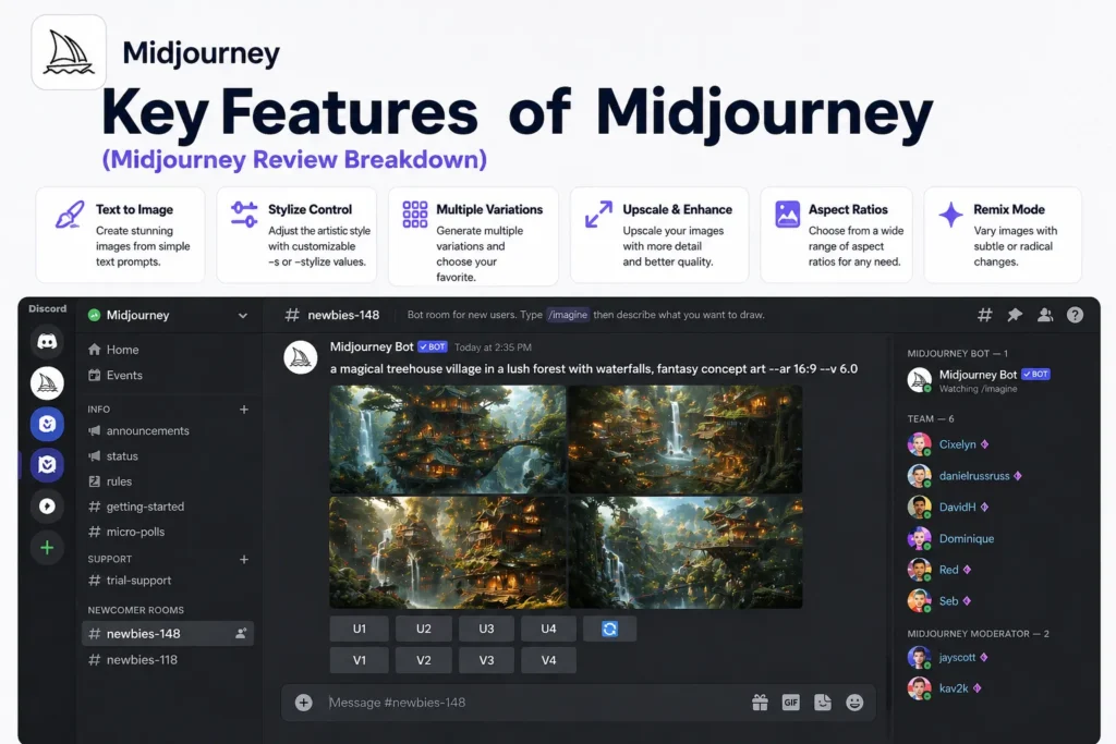 Key Features of Midjourney showing AI image generation tools like text to image, upscale, variations inside Discord interface