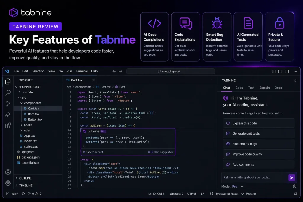 Key Features of Tabnine image showing real IDE interface with AI code completions, bug detection, code explanations, Tabnine logo, and feature highlights for SEO.
