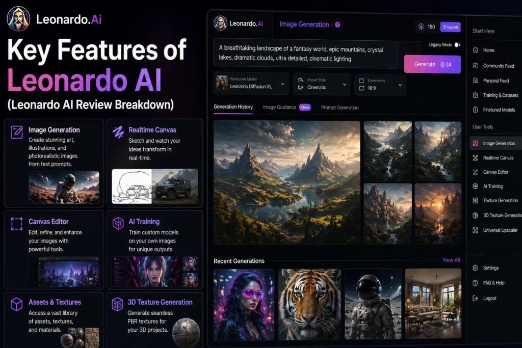 Key features of Leonardo AI showing real interface with image generation realtime canvas editor AI training and texture tools in dashboard