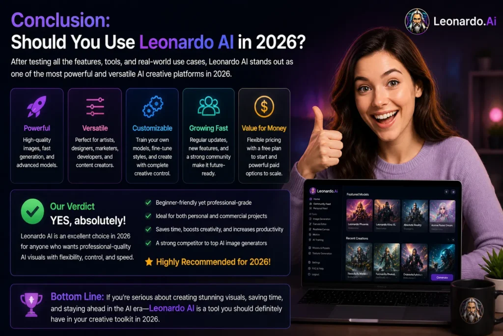 Leonardo AI conclusion 2026 showing happy satisfied woman with platform dashboard interface highlighting features value for money and final recommendation