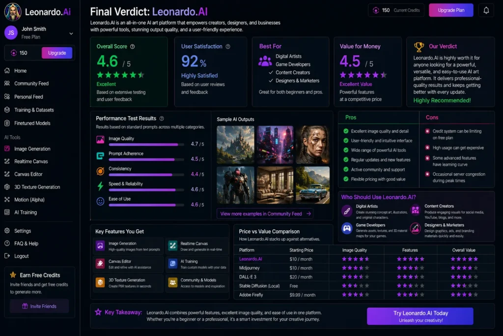 Leonardo AI conclusion and final verdict showing real dashboard interface with overall rating performance insights pros and cons and recommendation summary