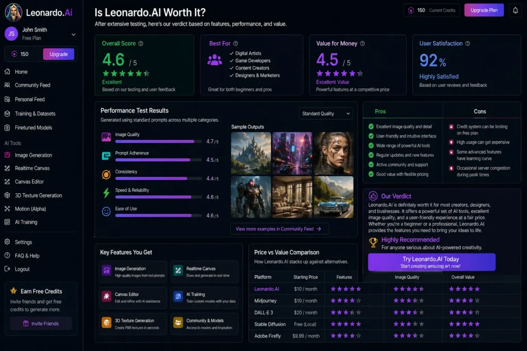 Leonardo AI final verdict and conclusion showing real dashboard interface with overall score user satisfaction performance results and recommendation for creators