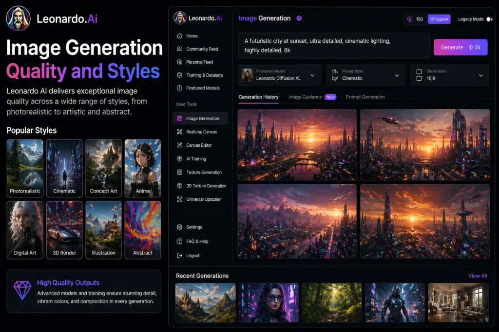 Leonardo AI image generation quality and styles showing real interface with different styles like photorealistic anime cinematic and generated image results in dashboard