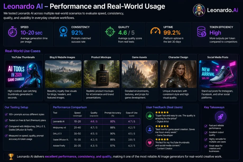 Leonardo AI performance and real world usage showing dashboard with speed consistency quality metrics and real use cases like thumbnails blog images product mockups and game assets