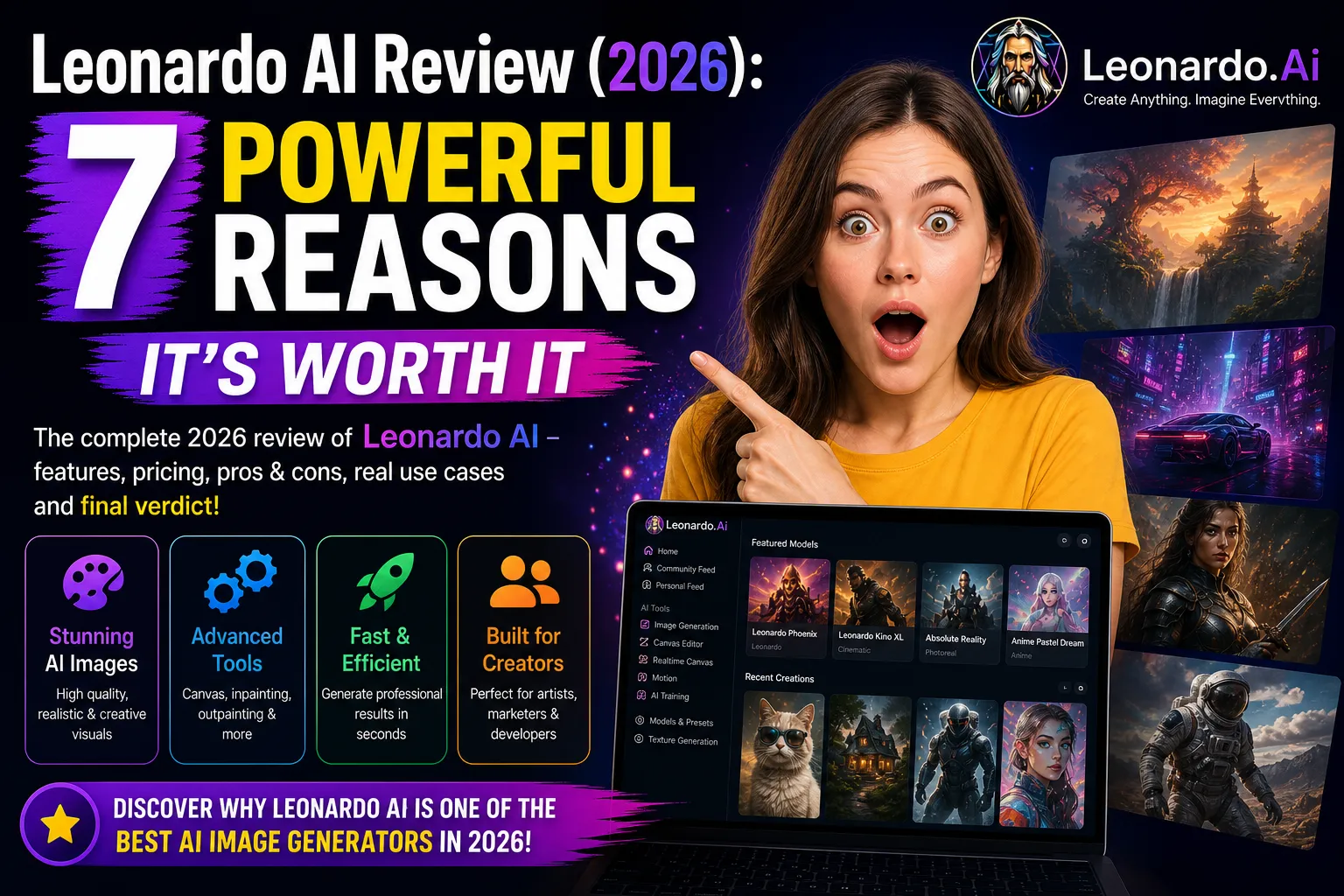 Leonardo AI review 2026 showing surprised woman with platform interface and generated images highlighting 7 powerful reasons features speed and creative capabilities