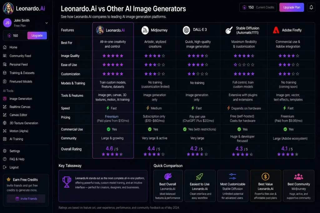 Leonardo AI vs other AI image generators comparison showing real dashboard with tools like Midjourney DALL E and Stable Diffusion features pricing and performance overview