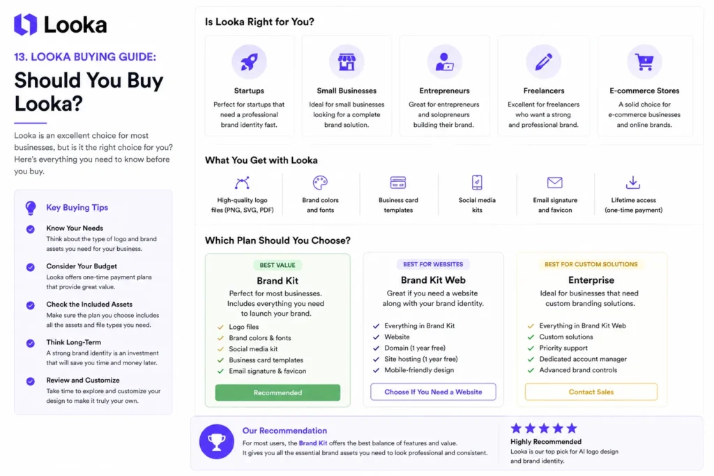 Looka buying guide – interface showing target users, brand kit features, and plan recommendations for startups, freelancers, and businesses.