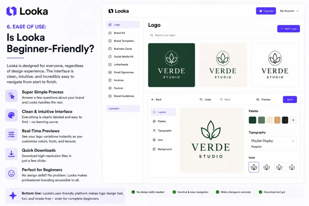 Looka ease of use review – AI logo maker interface showing simple navigation, customization tools, and beginner friendly design dashboard.