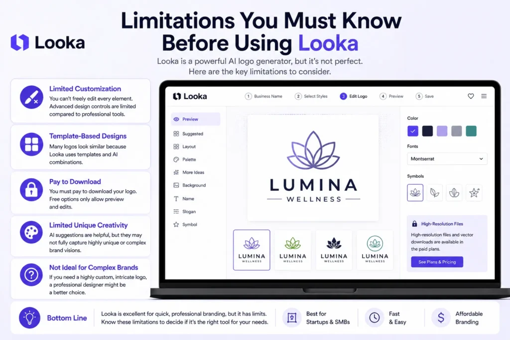 Looka limitations review – AI logo generator interface showing limited customization, template based designs, and paid download restrictions