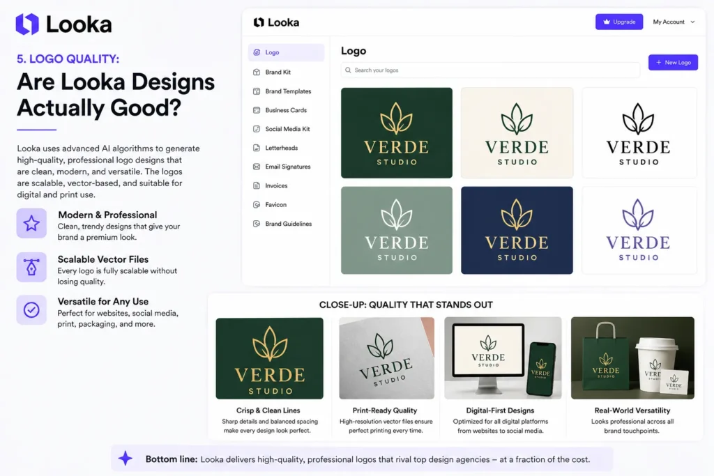 Looka logo quality review – AI generated logo designs showing modern, scalable, and high quality branding examples for digital and print use.