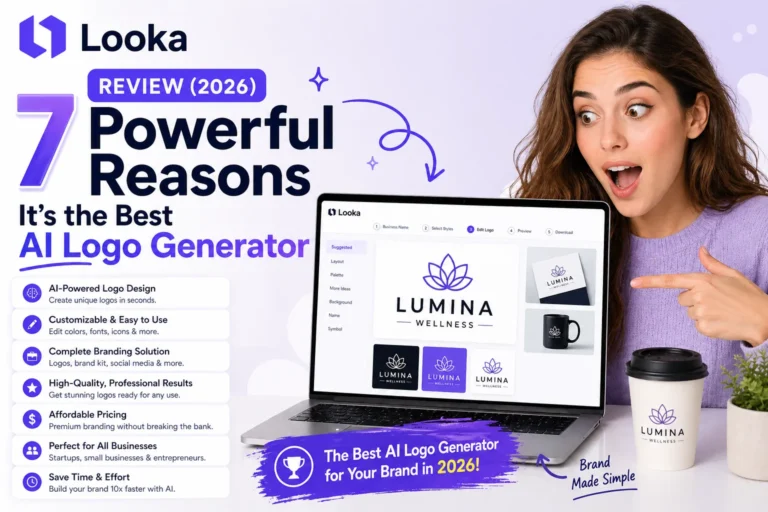 Looka review 2026 AI logo generator – surprised woman reacting to Looka interface showing logo creation and brand kit features