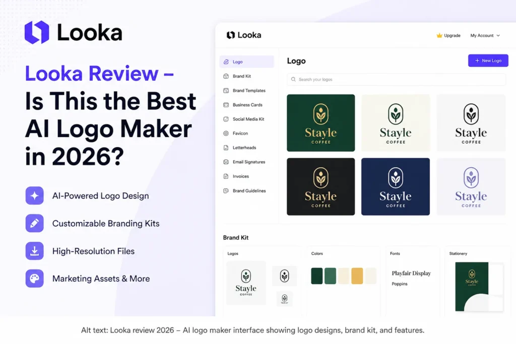 Looka review 2026 introduction – AI logo maker interface showing logo designs, brand kit, and features with Looka logo and title.