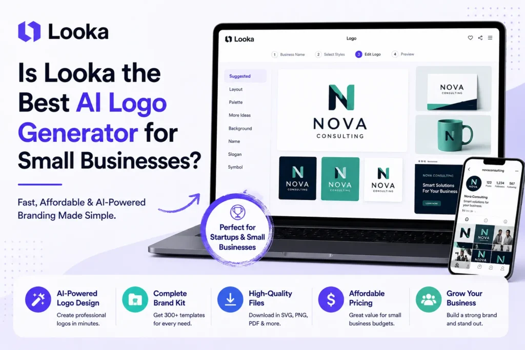Looka review AI logo generator for small businesses – interface showing logo creation, brand kit tools, and affordable branding features.