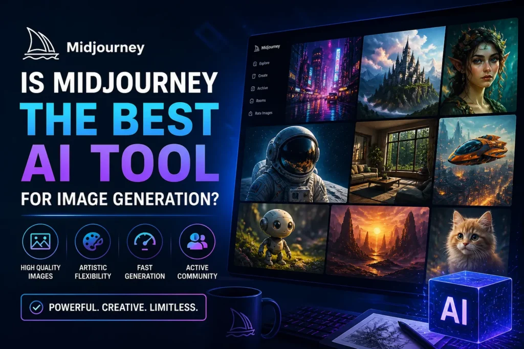 Midjourney best AI tool image showing comparison of AI generated images and features inside creative interface