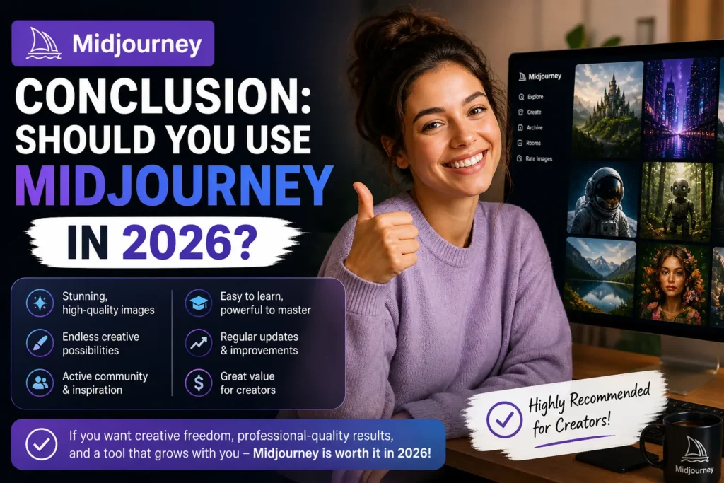 Midjourney conclusion image with happy satisfied woman recommending AI image generator in 2026