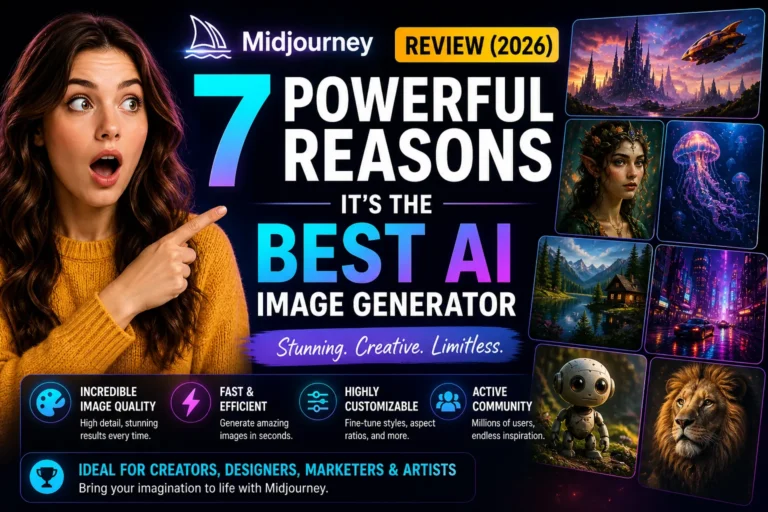Midjourney review 2026 thumbnail with surprised woman highlighting 7 powerful reasons it is the best AI image generator
