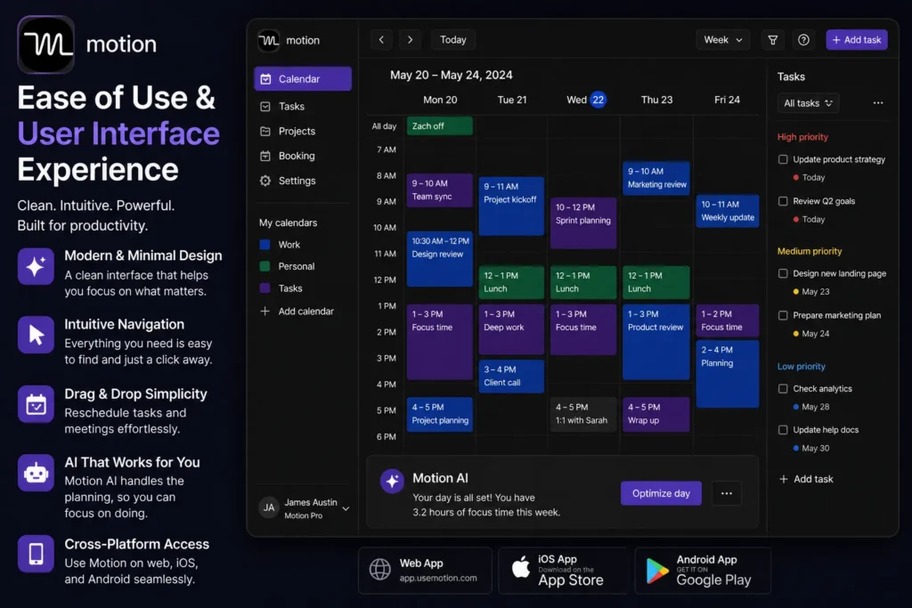 Motion AI interface showing clean design, intuitive navigation, drag-and-drop scheduling, and user-friendly task management system.